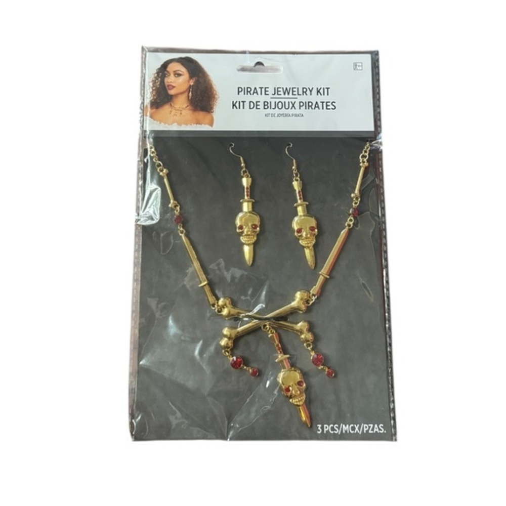 Pirate Maiden Skull Necklace & Earrings Jewlery, Gold tone,Wearable Costume-3Pc